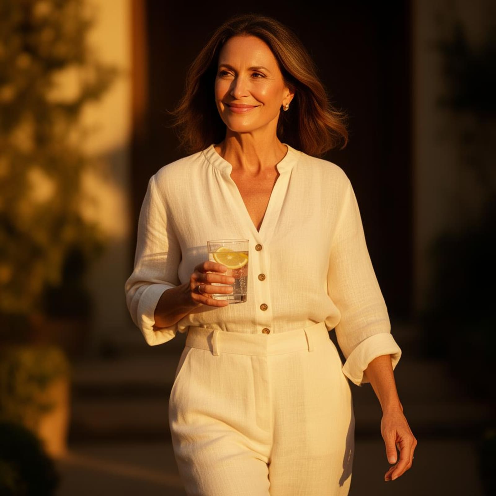 A woman walking in warm golden light, holding a glass of lemon water — Idaho Health & Hormones