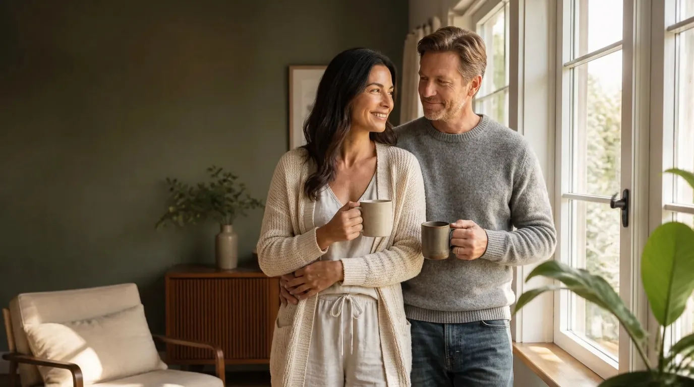 Husband and wife enjoying a peaceful morning by a sunlit window with coffee — Idaho Health & Hormones