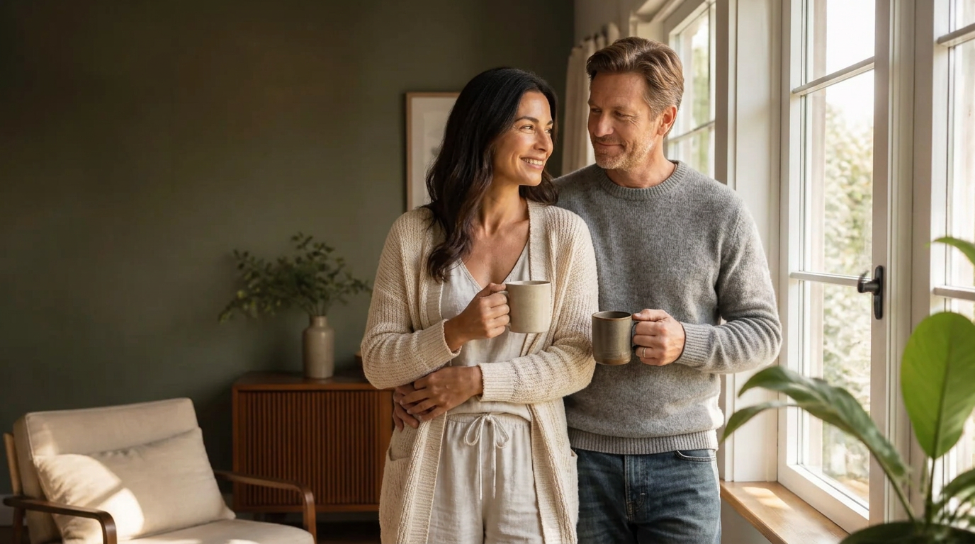 Husband and wife enjoying a peaceful morning by a sunlit window with coffee — Idaho Health & Hormones