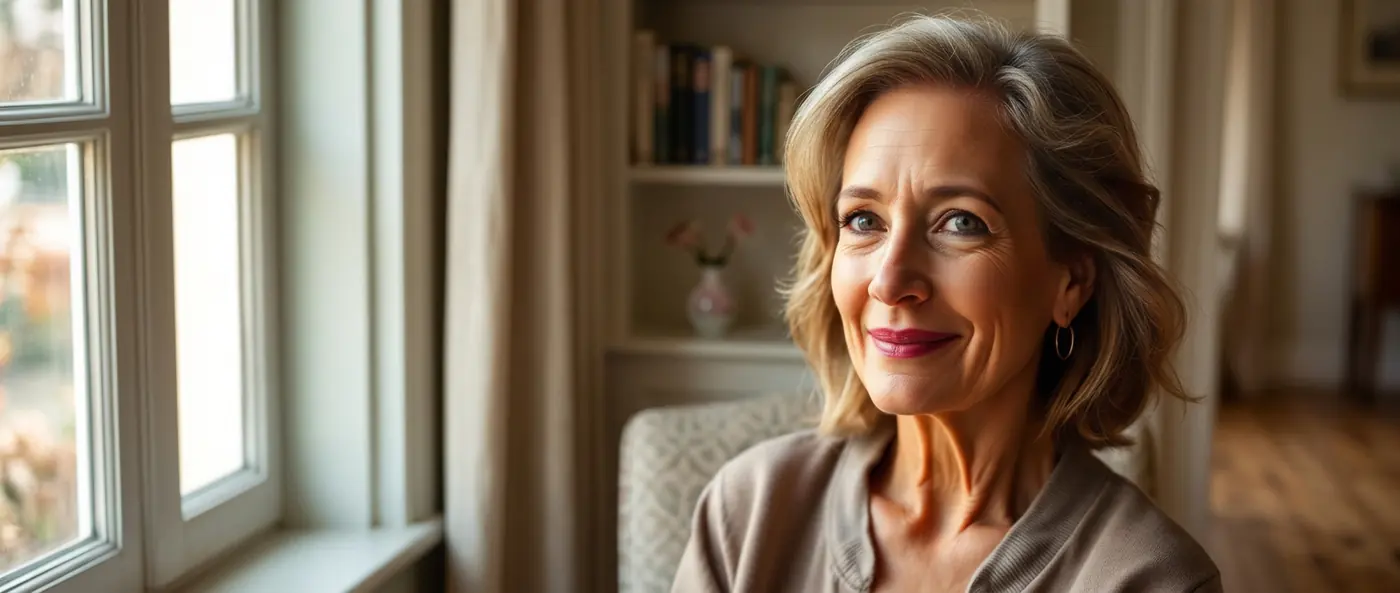 Woman with natural, healthy skin in warm window light